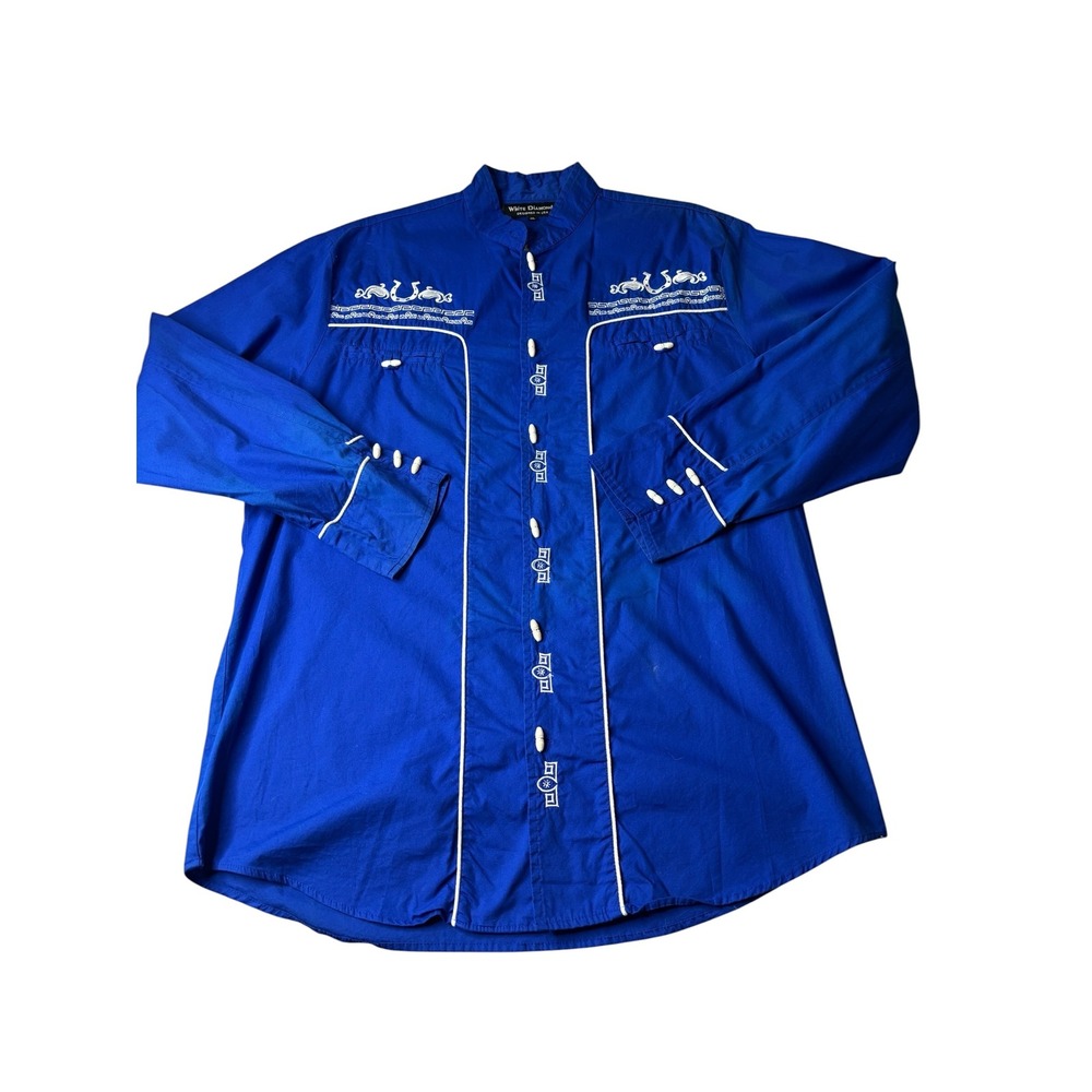 White Diamond Mens Western Shirt Blue White Embroidery Toggle Button XL